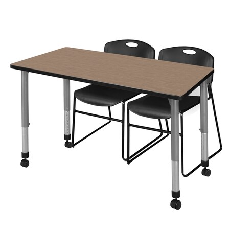 Regency Kee Mobile Adjustable Classroom Table W/ 2 Zeng Stack Chairs, 60 in W, 24 in L, Noble Oak MT6024NOAPCGY44BK