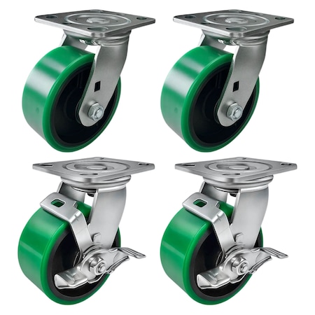 Hyw Products Heavy Duty Caster Set 5in Green Polyurethane on Cast Iron Wheels, 2 Swivel & 2 Swivel w/ Brake, 4PK 40-50S-A1-PC-2,40-50S-A1-PC-TB-2 (G)