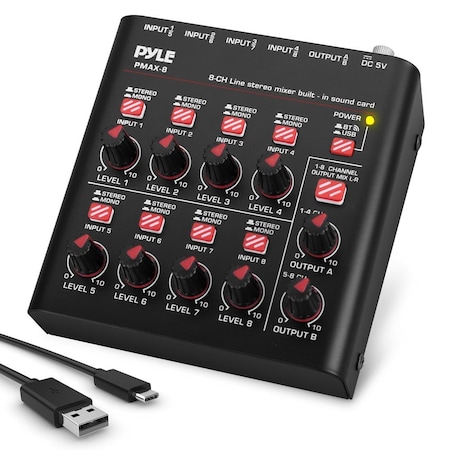 Pyle 8-Channel Bluetooth Mini Line Mixer with USB Audio Interface - 8 Mono/Stereo Switching Inputs PMAX8
