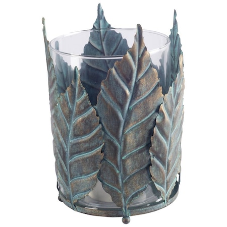 Homeroots 9" Green And Gold Distressed Botanical Leaf Metal And Glass Tabletop Hurricane Candle Holder 608559
