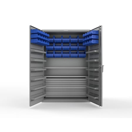 Strong Hold 14 GA Bin Cabinet with 2 Shelves, 4 Drawers - 48 In W. x 72 In. H x 24 In. D - 42 Blue Bins 46-BBS-242-4DB-42B-12DP-NL-L