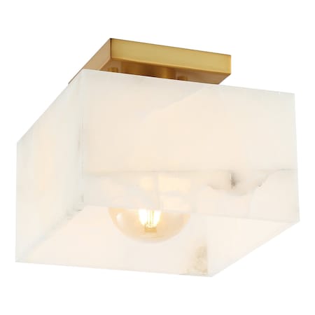 Jonathan Y Alessia 8" 1-Light Modern Contemporary Alabaster/Iron Square LED Semi Flush Mount, White Marbling/Bra JYL1203A