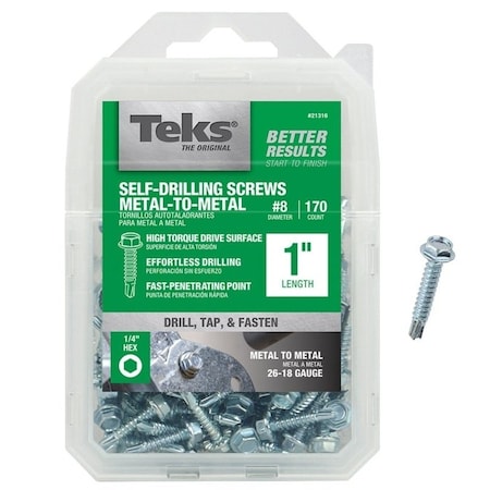Teks Self-Drilling Screw, #8 x 1 in, Zinc Plated Steel Flange Hex Head External Hex Drive 21316