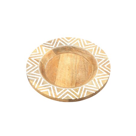 Homeroots 13" Natural And White Solid Wood Chevron Handmade Round Charger Plate 633186