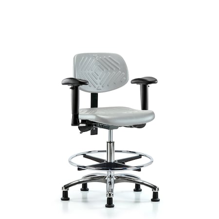 Blue Ridge Ergonomics Poly Chair Chrome-Medium Bench Ht with Adjustable Arms, Chrome Foot Ring, &Stat Glides in Gray Poly PMBCH-CR-T0-A1-CF-RG-GRY