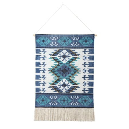 Homeroots 36" X 20" Blue Ivory And Teal Southwestern Cotton Hanging Tapestry 515650