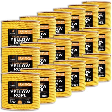Xpose Safety 3/4in x 600 ft Twisted Polypropylene Rope, Yellow, 18PK YPR34-600-18-X