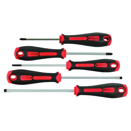 Bondhus Set 5 PowerGrip Slotted & Phillips Screwdrivers; 3/16, 7/32, 1/4 in, PH1 & PH2 1675803300