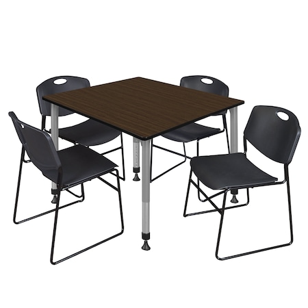Regency Square Kee Adjustable Classroom Table W/ 4 Zeng Stack Chairs, 48 in W, 48 in L, Neo Walnut TB4848NWAPGY44BK
