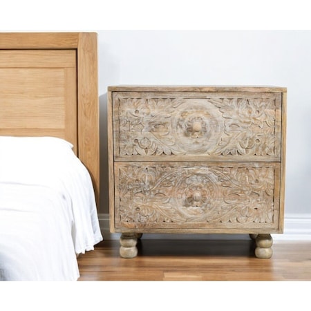 Homeroots 24" Natural Two Drawer Distressed Carved Floral Solid Wood Nightstand 555403
