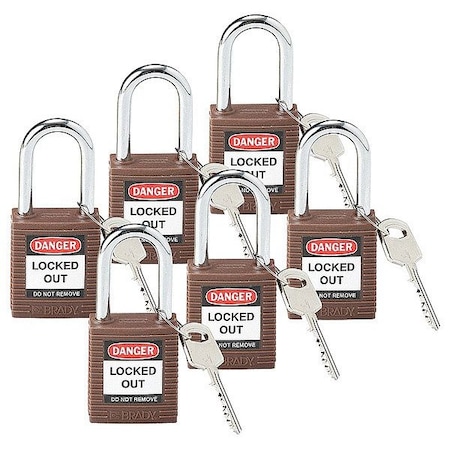 Brady Lockout Padlock, Keyed Alike, Nylon, Brown, 1 1/2 in Shackle Height, 1 1/2 in Body Width, 6 PK 118948