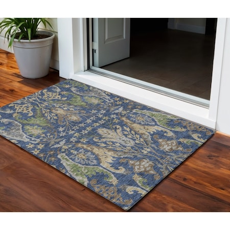 Homeroots 3' X 5' Navy Blue Green And Brown Floral Washable Indoor Outdoor Area Rug 605289