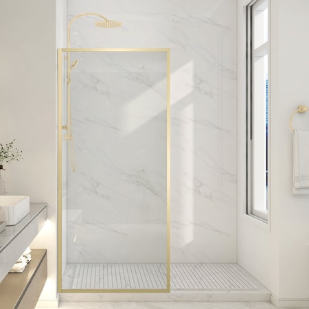 Anzzi Welle 74x34in Framed Fixed Shower Screen Door, Brushed Gold with 5/16in 8mm Tempered Clear Glass SD-AZ22-01BG
