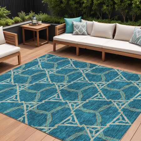 Homeroots 10' X 14' Teal Blue And Beige Geometric Washable Indoor Outdoor Area Rug 613529