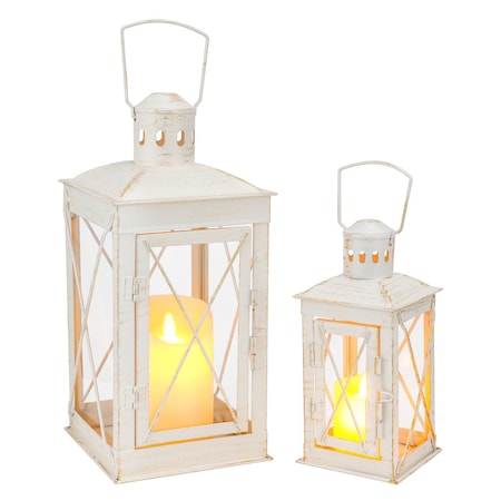 Homeroots Set of Two Clear And White Glass And Metal Tabletop Lantern Candle Holders, 2PK 719769