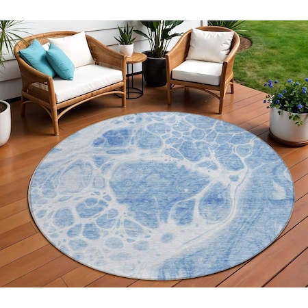 Homeroots 8' Sky Blue And Denim Blue Round Nautical Washable Indoor Outdoor Area Rug 581499