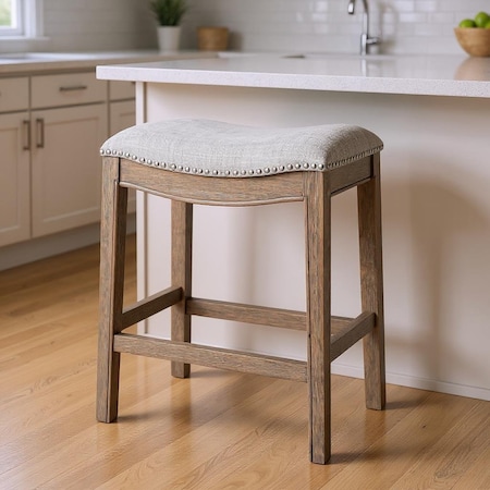 Homeroots 26" Gray and Oak Fabric and Solid Wood Backless Counter Height Bar Chair 632359