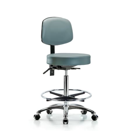 Blue Ridge Ergonomics Vinyl Stool, Back, Chrome, High Bench, Foot Ring, Casters, Storm BR-VHBST-CR-T0-CF-CC-8822