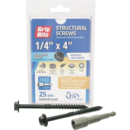 Grip-Rite PrimeGuard Plus 1/4''x4'' Hex Washer Head Structural Screw, 25-Count GRSSHW14425