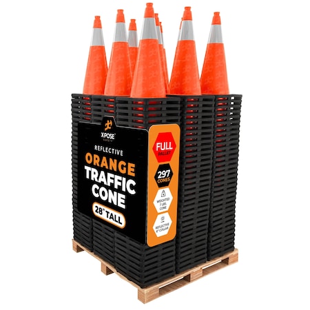 Xpose Safety Traffic Safety Cone, 28 in, PVC, 6 in Reflective Collar, DOT Approved, Orange, Full Pallet, PK297 OTC28-6-FP297-X