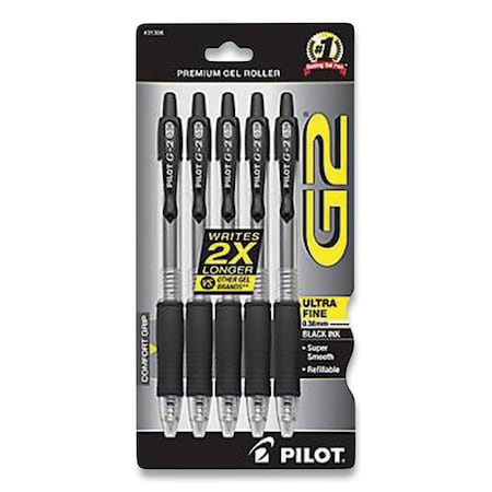 Pilot G2 Premium Gel Pen, Retractable, Extra-Fine 0.38 mm, Black Ink, Clear/Black Barrel, 5PK G23C5BLK
