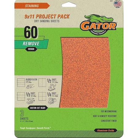 Gator Sanding Sheet, 11 in L, 9 in W, Coarse, 60 Grit, Garnet Abrasive, Paper Backing 4462