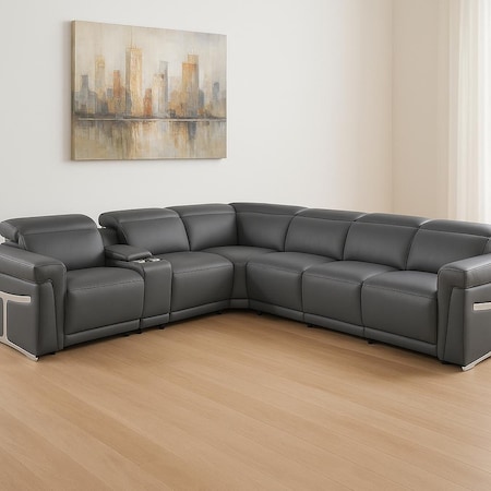 Homeroots Gray Italian Leather Modular L Shaped Seven Piece Corner Sectional With Console 534866
