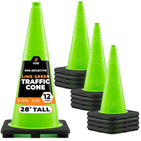 Xpose Safety Traffic Safety Cone, 28 in, Premium PVC, No Collar, Lime Green, 12 pk LTC28-12-X