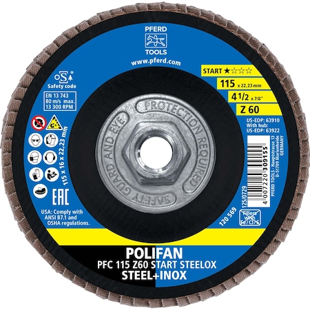 Pferd 4-1/2'' Flap Disc, 5/8''-11 Thread, 60 Grit, Z START STEELOX, Type 29, Conical, Zirconia 63922