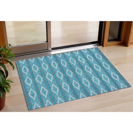 Homeroots 3' X 5' Teal Blue Gray And Ivory Geometric Washable Indoor Outdoor Area Rug 599670