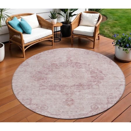 Homeroots 8' Pink Round Floral Medallion Washable Indoor Outdoor Area Rug 607916