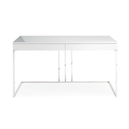 Homeroots Desk In High Gloss White Lacquer With Stainless Steel Base 320758