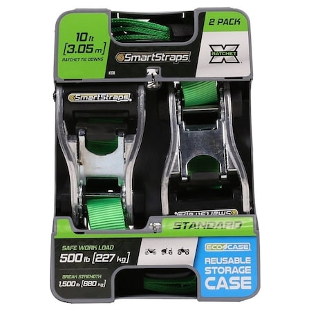 Smartstrap TieDown, 1 in W, 10 ft L, Polyester, Green, 500 lb, SHook End Fitting, Steel End Fitting 338