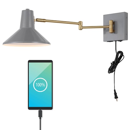 Jonathan Y Hygge 16" Swing Arm 1-Light Modern Midcentury Iron USB Charging Port LED Sconce, Grey/Brass Gold JYL1302C