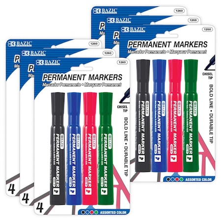 Bazic Products Desk Style Permanent Markers, Chisel Tip, Assorted Colors, 24PK 1260