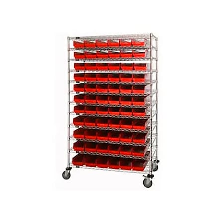 Global Industrial Chrome Wire Shelving with 176 4"H Plastic Shelf Bins Red, 72x14x74 269049RD