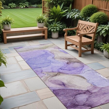 Homeroots 8' Runner Gray and Purple Abstract Washable Non Skid Indoor Outdoor Runner Rug 559524