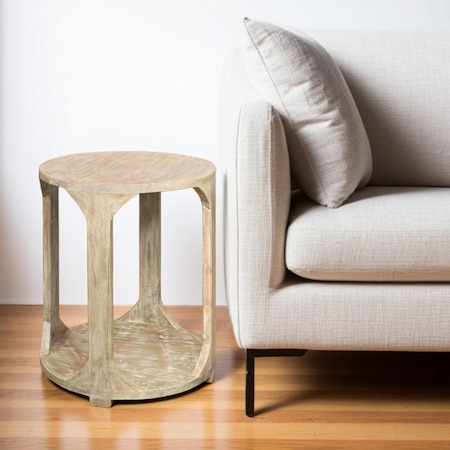 Homeroots 24" Natural Distressed Solid Wood Round Frame End Table With Shelf 605349