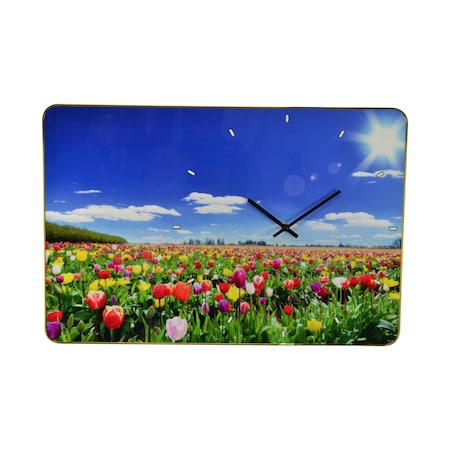 Homeroots 24" Blue Red And Gold Solid Wood and Acrylic Silent Tulips Floral Wall Clock 626578