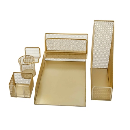 Martha Stewart Ryder Gold Mesh Metal 6 Pcs Desktop Organizer; Holds Files, Magazines, Letters, Pens, Sticky Notes HH-OHD14-6-GLD-MS