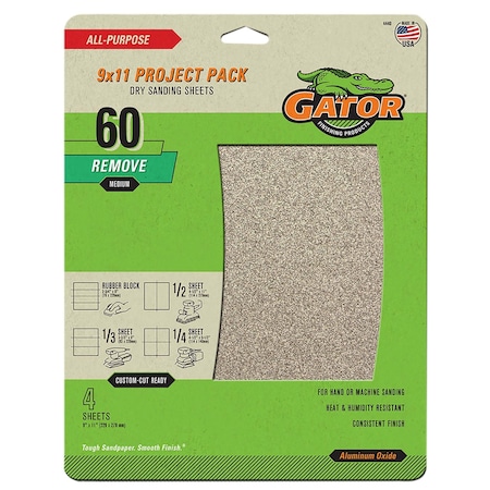 Gator Finishing 9 x 11 Project Pack Dry Sanding Sheets, 60 Grit , Medium, 4PK 4440