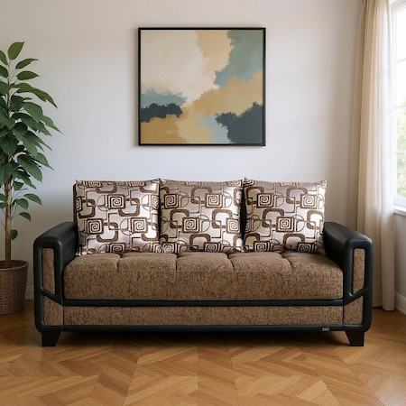 Homeroots 90" Brown Chenille Convertible Futon Sleeper Sofa And Toss Pillows With Storage 607211