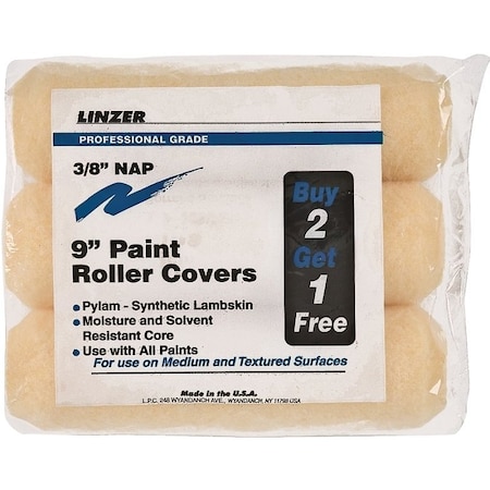 Linzer Paint Roller Cover, 3/8 in Thick Nap, 9 in L RS1433