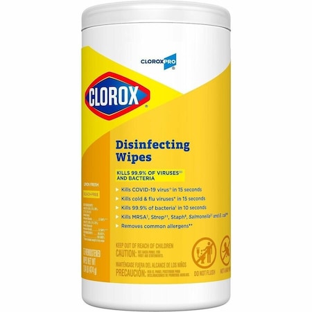 Clorox Pro Disinfecting Wipes, 1-Ply, 7 x 8, Lemon Fresh, White, 75/Canister, 6PK 15948