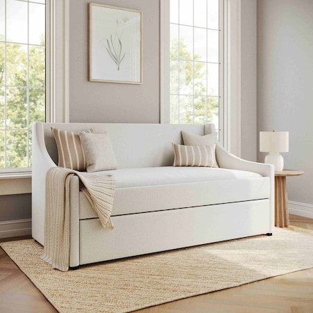 Martha Stewart Simone Twin Upholstered Platform Daybed with Pull Out Trundle, Cushioned Headboard, Footboard XH-8549-DBT-WH-MS