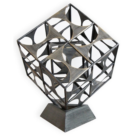 Homeroots 20" Gray Metal Geo Cube Tabletop Sculpture 574053