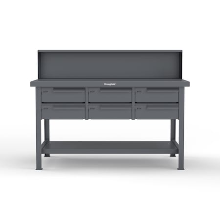 Strong Hold Extreme Duty 7 GA Shop Table with 6 Drawers, 1 Shelf, Riser Shelf T6036-RS-6DB