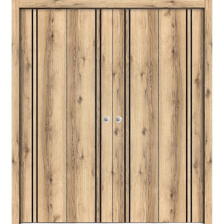Sartodoors Sliding Closet Double Bi-fold Doors, Planum 0016 Oak and Aluminum Strips, Sturdy Tracks Moldings Tr PLANUM0016DBF-DUB-72 x 96 (4* 18x96)