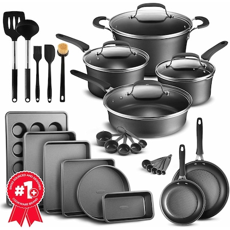 Bakken-Swiss 23Pc Cookware Set, Black Pots, Skillets, Bakeware, Reinforced Aluminum, Gas, Electric, Induction BKCWL23B