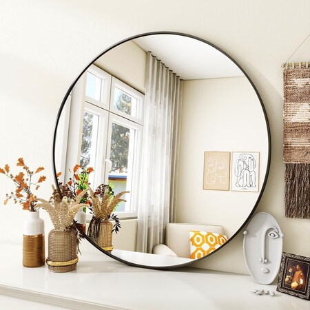 Simple Deluxe Black 30 Inch Large Circle Mirror, Black Circle Mirror Metal Frame, Round Wall Mounted Mirrors for 3A88MIROY30BLK01